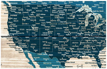 World Map Wall Art Canvas, Rustic Blue, Push Pin Map Map World Vibe Studio 