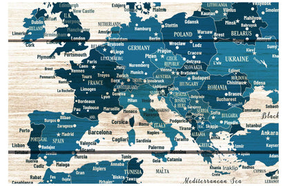 World Map Wall Art Canvas, Rustic Blue, Push Pin Map Map World Vibe Studio 