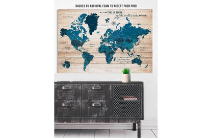 World Map Wall Art Canvas, Rustic Blue, Push Pin Map Map World Vibe Studio 