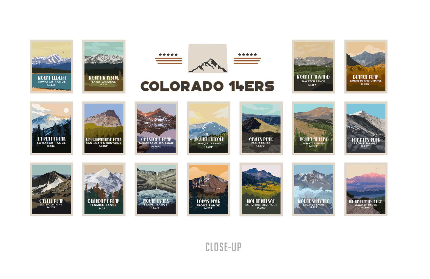 Colorado 14ers Retro Style Poster, Unframed Map World Vibe Studio 