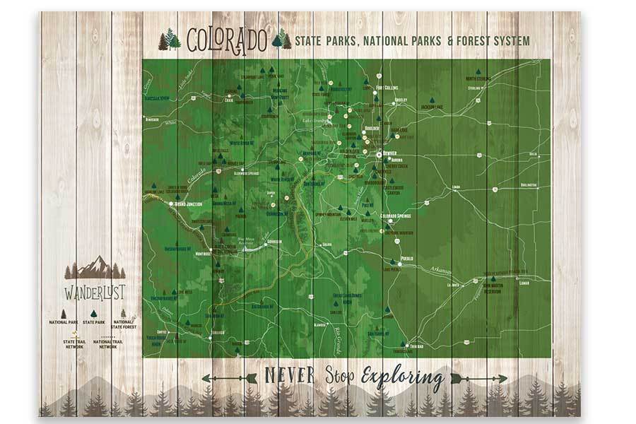 Colorado State Park Map with Forests and Trails, Canvas Map World Vibe Studio 12X16 Green 