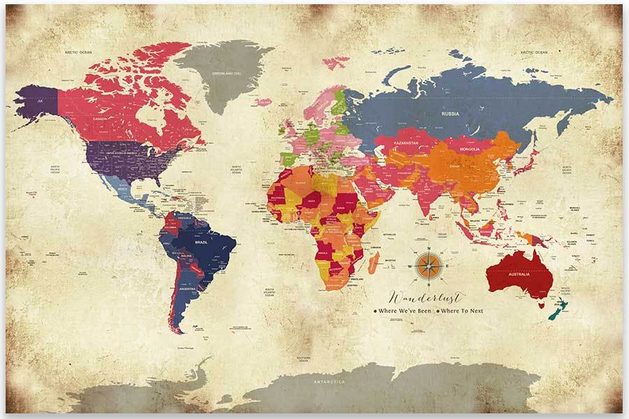 Poster Of World Map, Colorful Vintage Style Map World Vibe Studio 