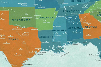 Map of USA, Poster, Orange and teals, Wall Decor Map World Vibe Studio 
