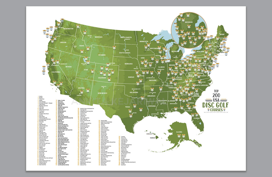 Disc Golf Course Map, Custom Disc Golf Course Map OF USA, Unframed Map World Vibe Studio 18X24 PAPER ONLY 