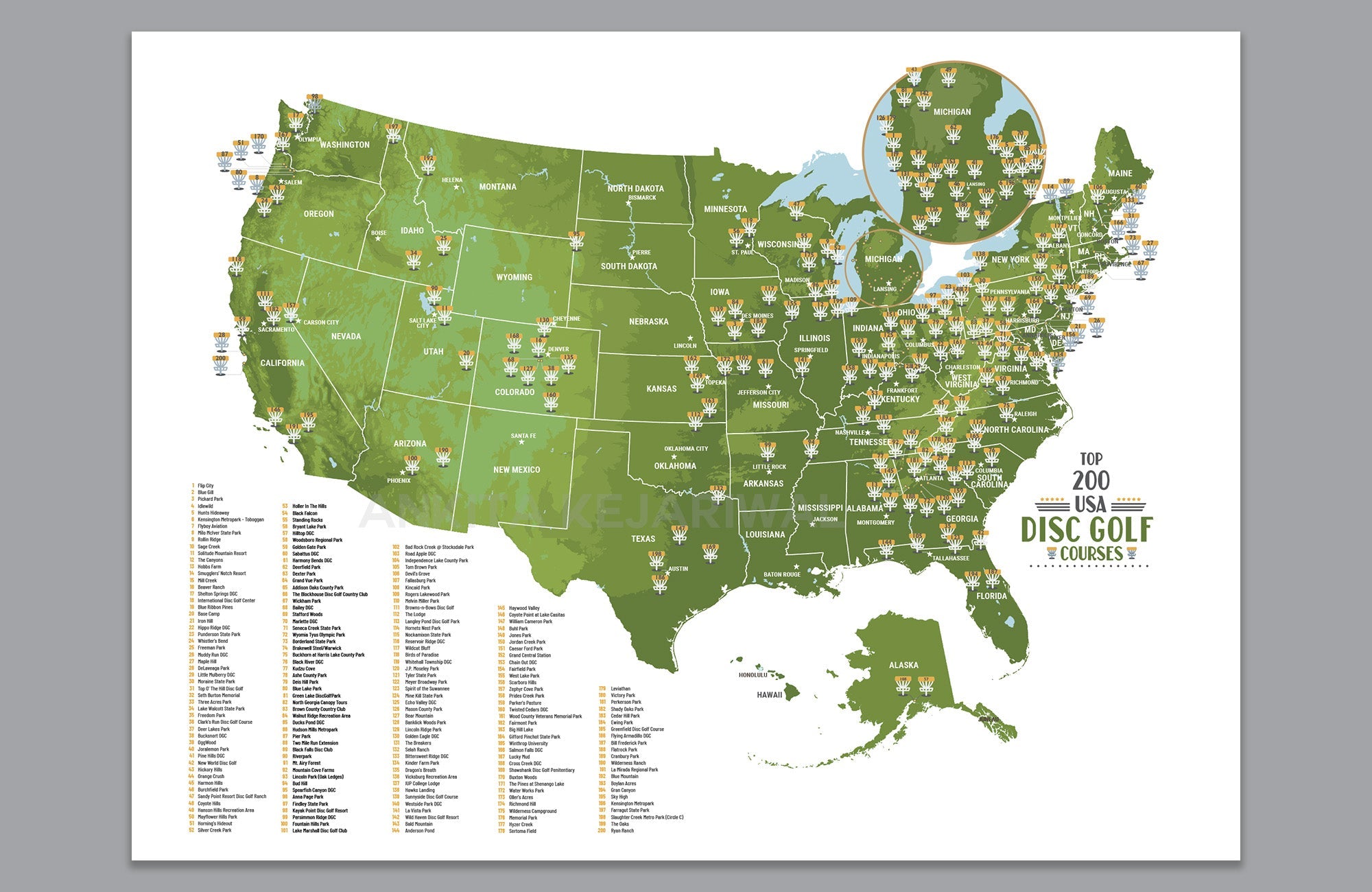 Disc Golf Course Map, Custom Disc Golf Course Map OF USA, Unframed Map World Vibe Studio 18X24 PAPER ONLY 