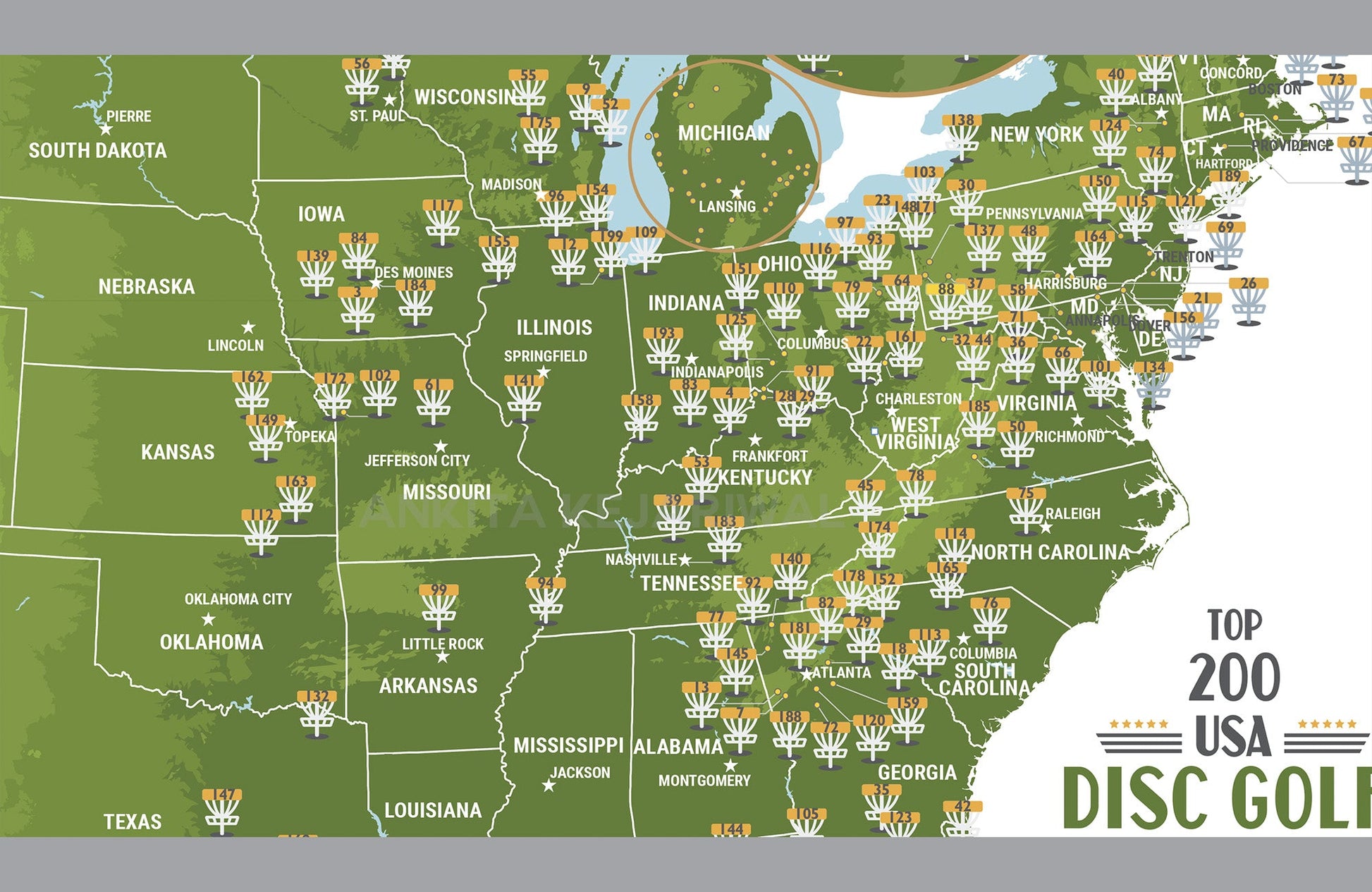Disc Golf Course Map, Custom Disc Golf Course Map OF USA, Unframed Map World Vibe Studio 