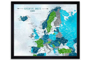 Framed Map of Europe, Green and Teal Map World Vibe Studio 