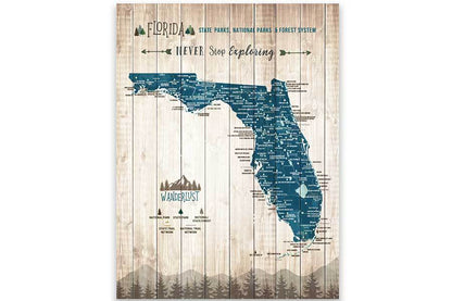 Map of Florida State Parks, Canvas Push Pin Board Map World Vibe Studio 12x16 Navy-Blue 
