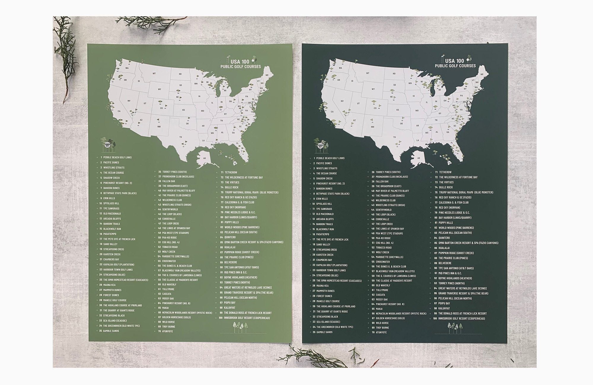Top US 100 PUBLIC Golf Courses Poster Checklist, Unframed Map World Vibe Studio 