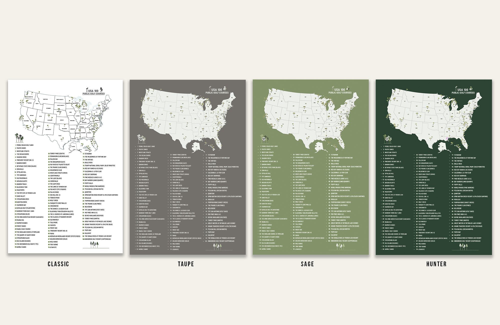 Top 100 PUBLIC Golf Courses Poster, Push Pin Option, FRAMED Option Map World Vibe Studio 