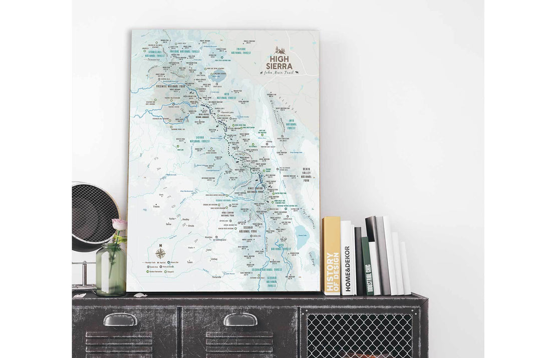 High Sierra TRAIL MAP, CANVAS WITH PUSH PINS Map World Vibe Studio 