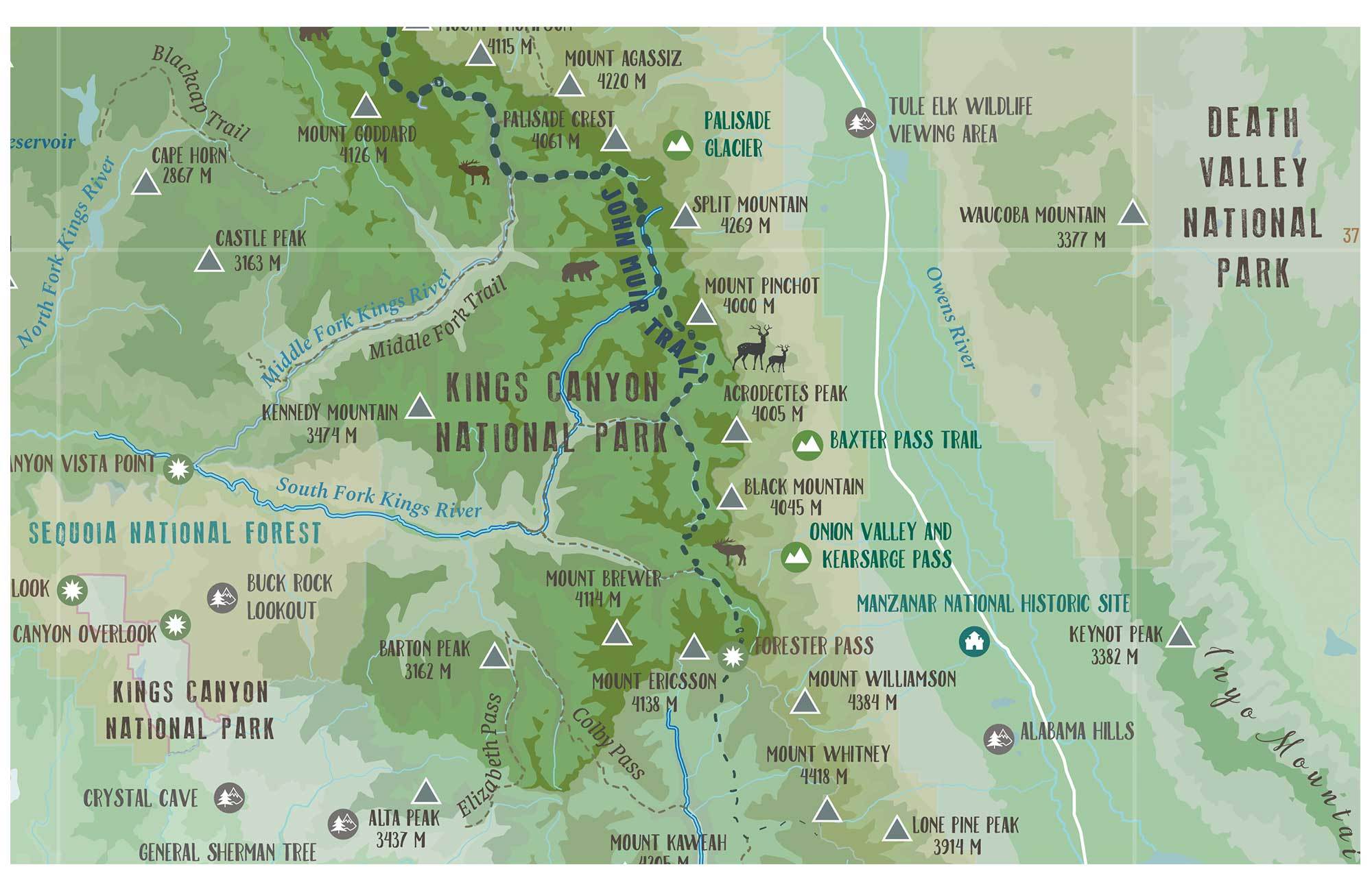 High Sierra Map, John Muir Trail Poster, Paper Print Map World Vibe Studio 