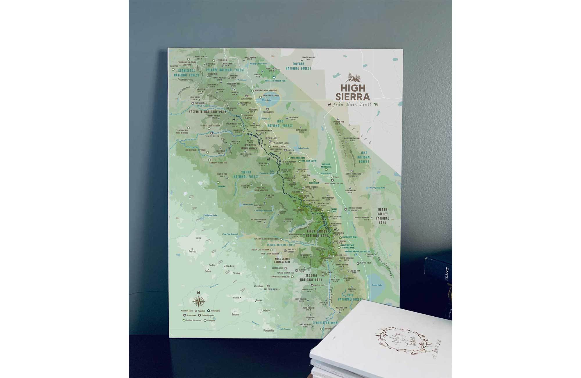 High Sierra TRAIL MAP, CANVAS WITH PUSH PINS Map World Vibe Studio 