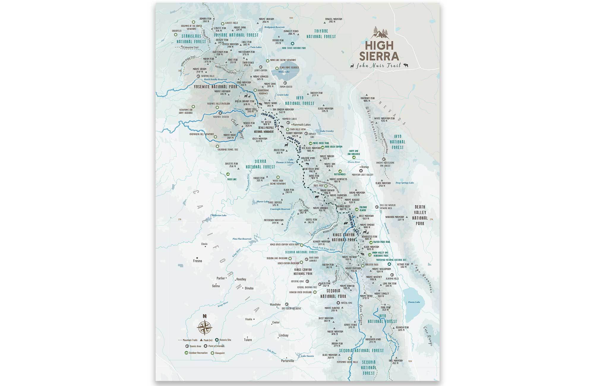 High Sierra Map, John Muir Trail Poster, Paper Print Map World Vibe Studio 12X16 ski-blue 