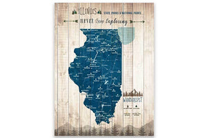 Illinois Map, State park Map, Hiking Wall Decor Map World Vibe Studio 12X16 Navy-Blue 