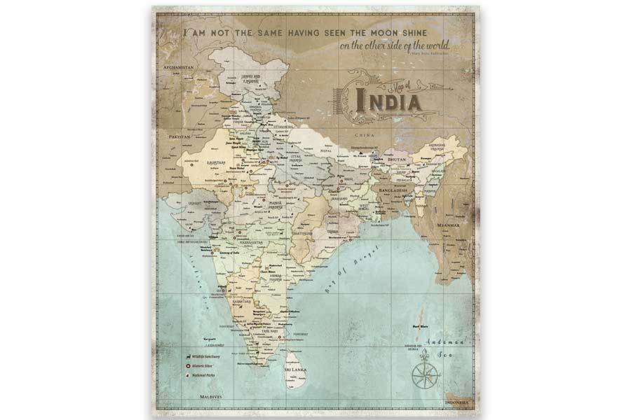 India Map, Canvas Wall Art, Pin Board Map World Vibe Studio 