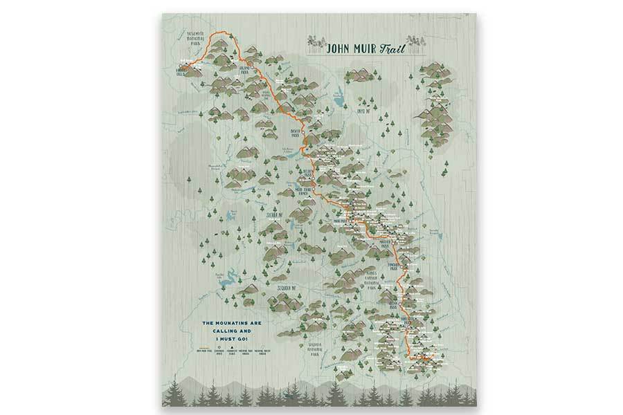 John Muir Trail Poster, Paper Print Map World Vibe Studio 12X16 Greens 