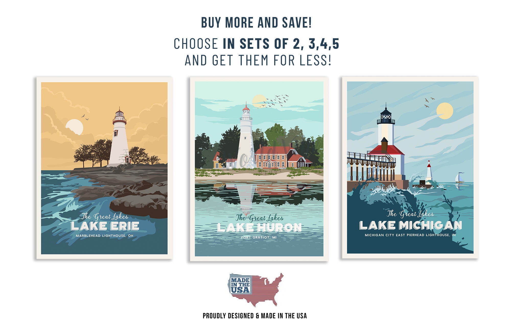 Great Lakes Posters, Unframed, 5 Great Lakes of USA Map World Vibe Studio 