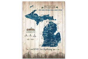 Michigan State Park Map, Canvas, Push Pin Map World Vibe Studio 12X16 Navy-Blue 