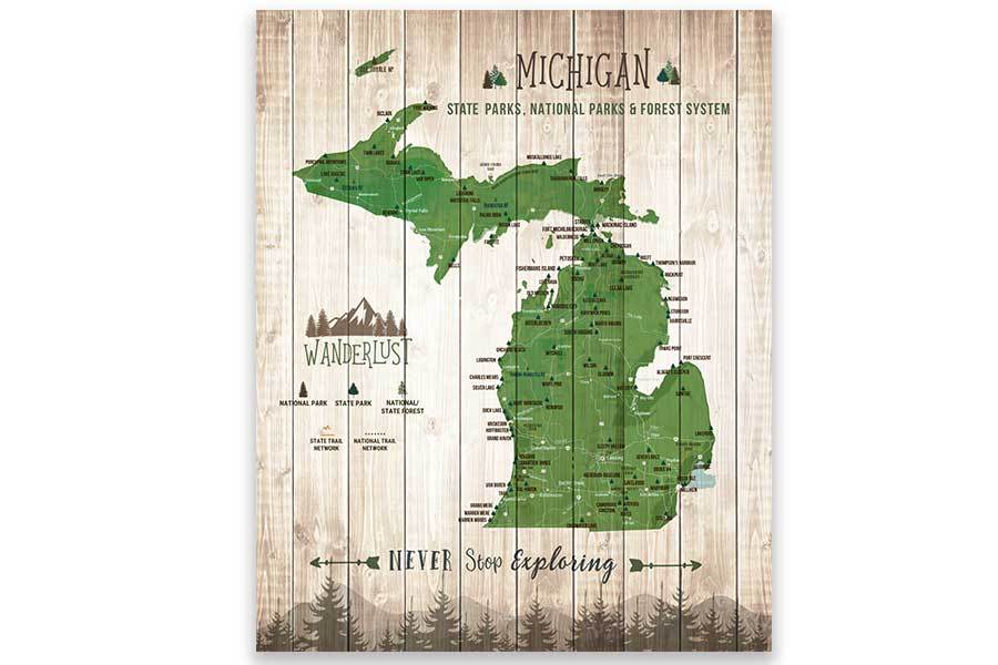 Michigan State Park Map, Canvas, Push Pin Map World Vibe Studio 12X16 Green 