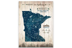 Minnesota State Park Map, Canvas, Pin Board Map World Vibe Studio 12X16 Navy-Blue 