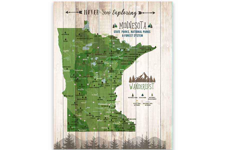 Minnesota State Park Map, Canvas, Pin Board Map World Vibe Studio 12X16 Green 