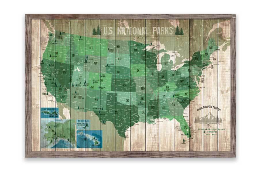 National Park Map with Many cities, Framed, Push Pin Map Map World Vibe Studio 
