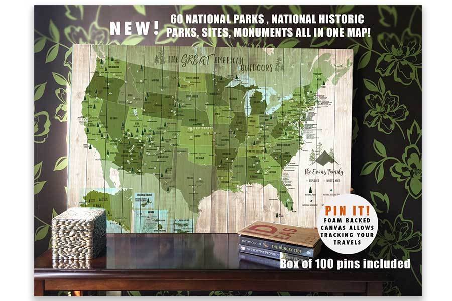 Forest System Map and US National Parks, Push Pin Canvas Board Map World Vibe Studio 