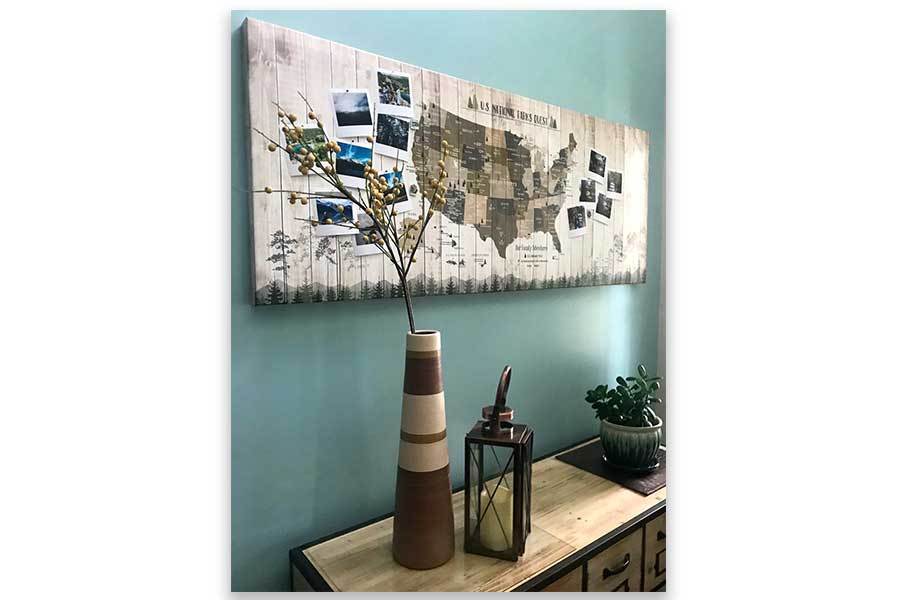 National Parks Memory Board, Canvas Map Push Pin Style, Tan Map World Vibe Studio 