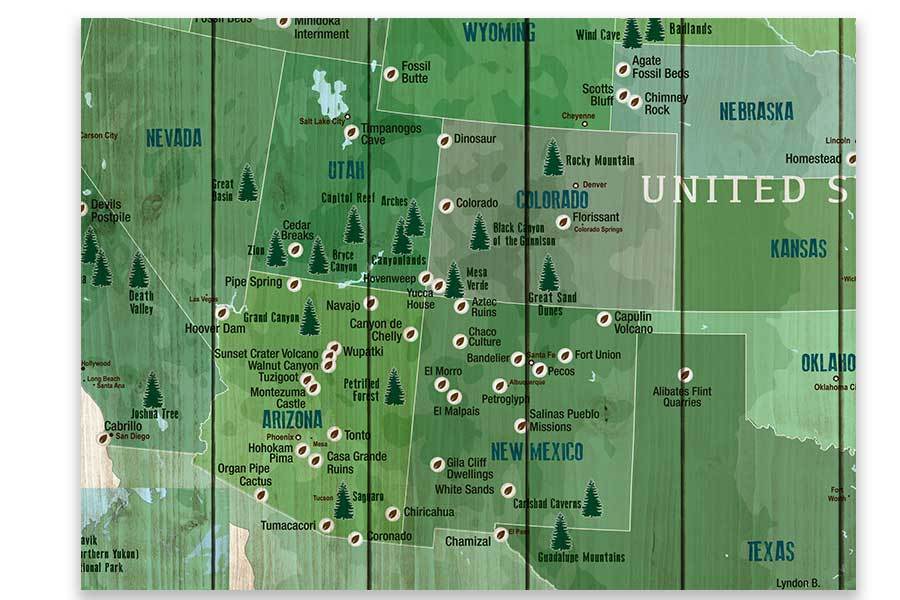 National Park Map, 61 Parks of USA, Forest Green Map World Vibe Studio 