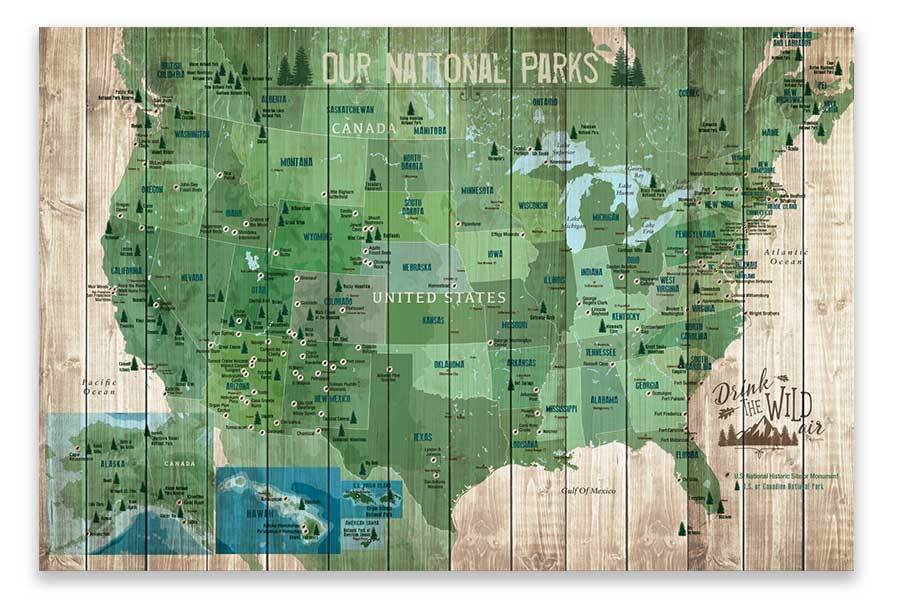 National Park Map, 63 Parks of USA, Forest Green Map World Vibe Studio 