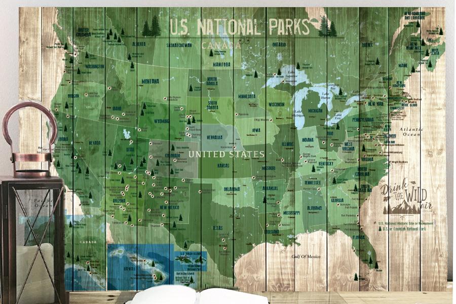 National Park Map, 61 Parks of USA, Forest Green Map World Vibe Studio 