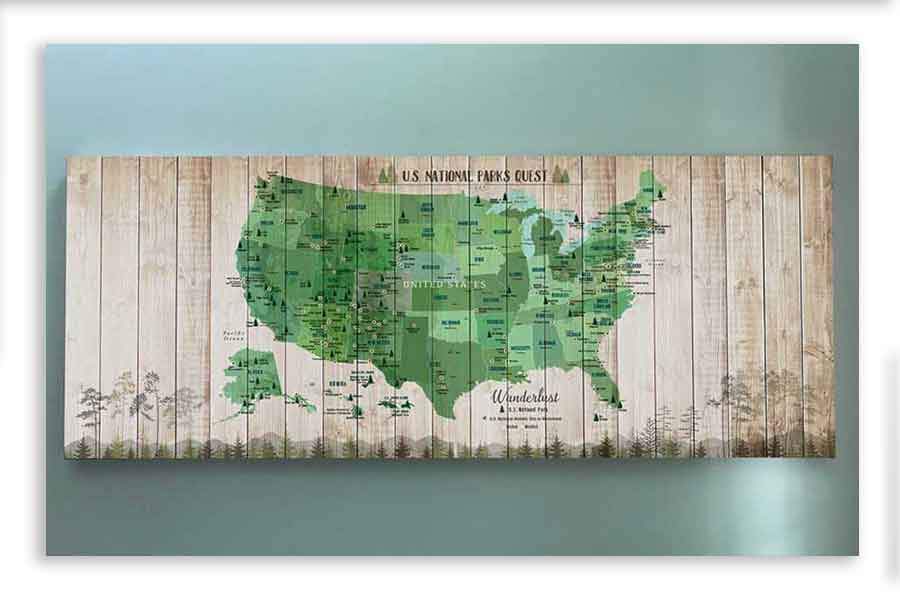 National Parks Memory Board, Canvas Map Push Pin Style, Tan Map World Vibe Studio 18X42 Green 