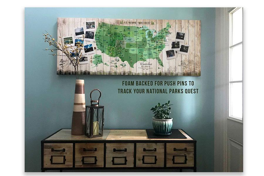 National Parks Memory Board, Canvas Map Push Pin Style, Tan Map World Vibe Studio 