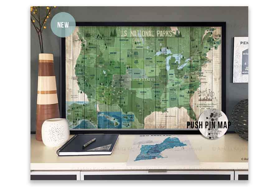 National Parks Push Pin Map, Framed Map World Vibe Studio 