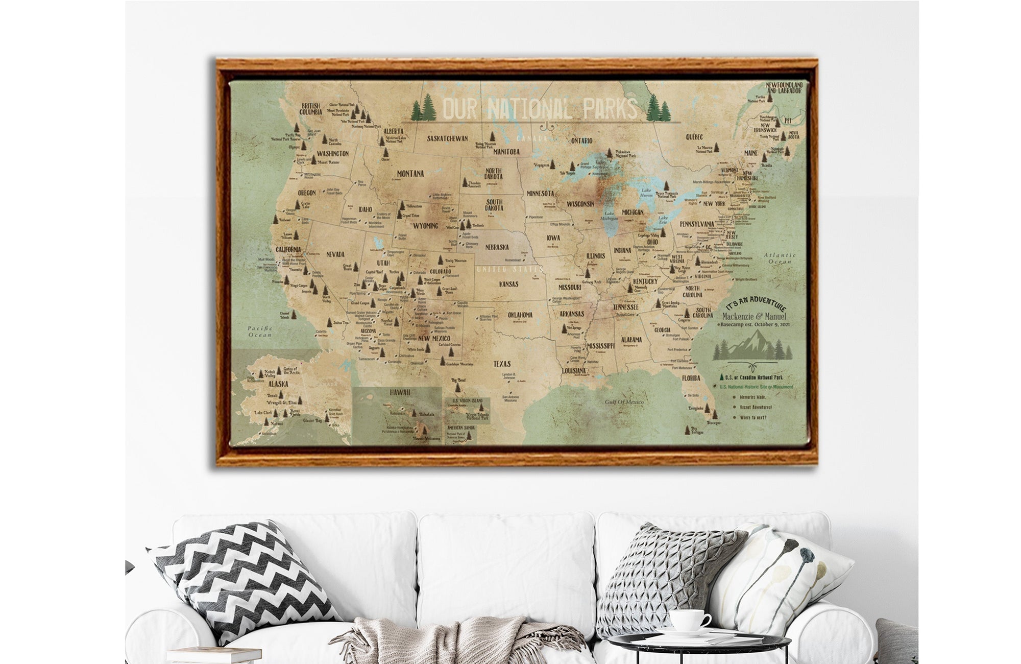 National Park Map, Rustic Map of 63 National Parks of USA, Framed Push Pin Canvas Map World Vibe Studio 