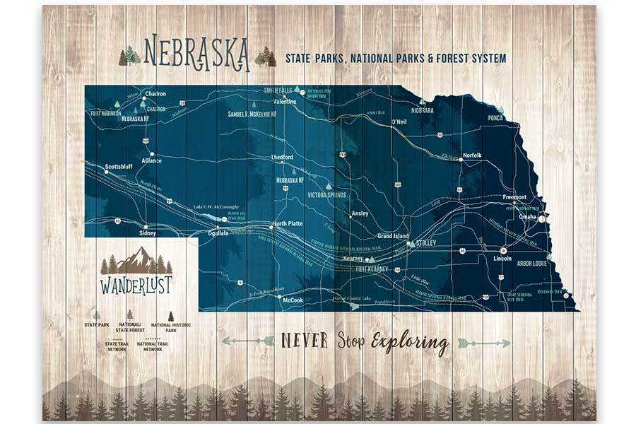 Nebraska State Parks, Map of Nebraska, Canvas Board Map World Vibe Studio 12X16 Navy-Blue 