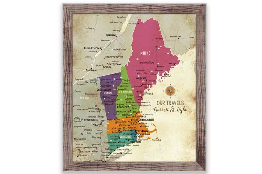 New England Map, Push Pin Style, Framed Map World Vibe Studio 20X24 