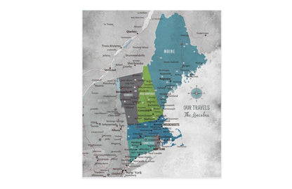 New England Map, Push Pin Style, Framed Map World Vibe Studio 20X24 Blue Gray 