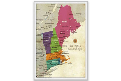 New England Map, Push Pin Style, Framed Map World Vibe Studio 