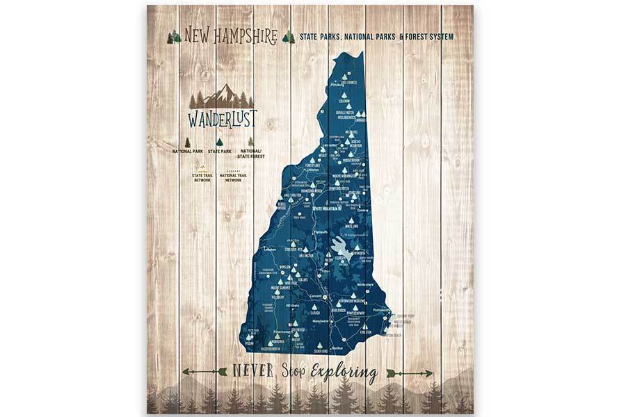 New Hampshire Map, State Parks Map, With Pins Map World Vibe Studio 12X16 Navy-Blue 