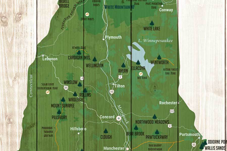 New Hampshire Map, State Parks Map, With Pins Map World Vibe Studio 