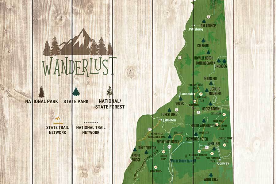 New Hampshire Map, State Parks Map, With Pins Map World Vibe Studio 