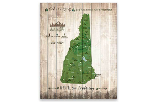 New Hampshire Map, State Parks Map, With Pins Map World Vibe Studio 12X16 Green 