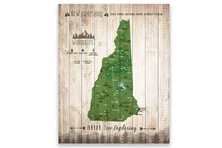 New Hampshire Map, State Parks Map, With Pins Map World Vibe Studio 12X16 Green 