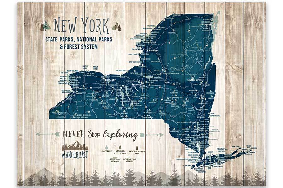 New York State Park Map Poster, Push Pin Board Option Map World Vibe Studio 11X14 navy-blue Print Only