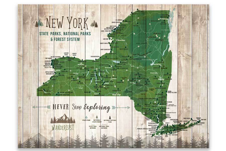 New York State Park Map Poster, Push Pin Board Option Map World Vibe Studio 11X14 Green Print Only