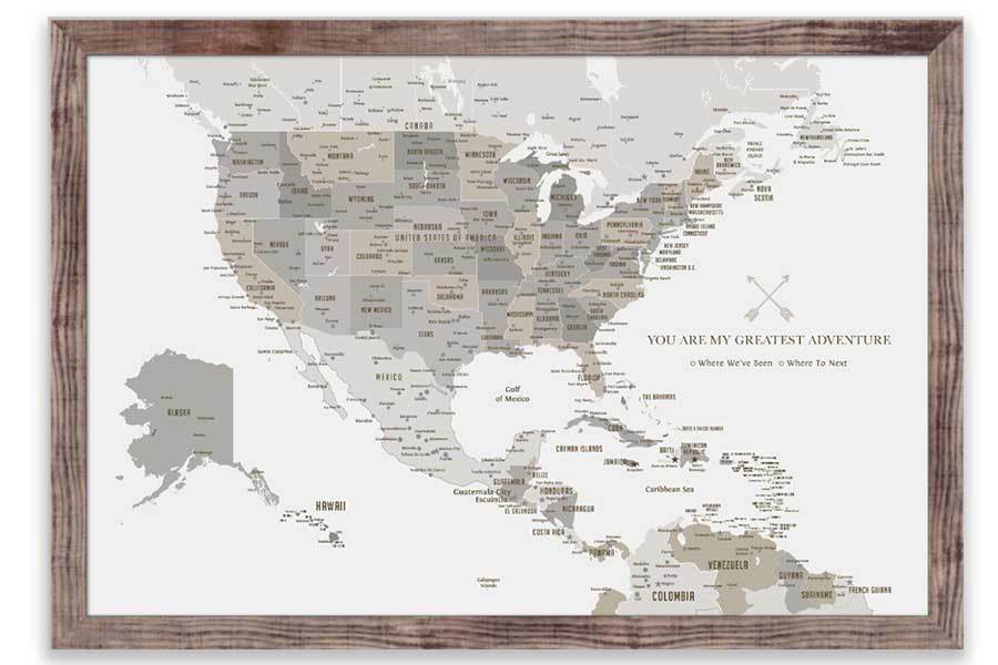 North America Map with Caribbean Islands, Push Pin Map, Framed Map World Vibe Studio 