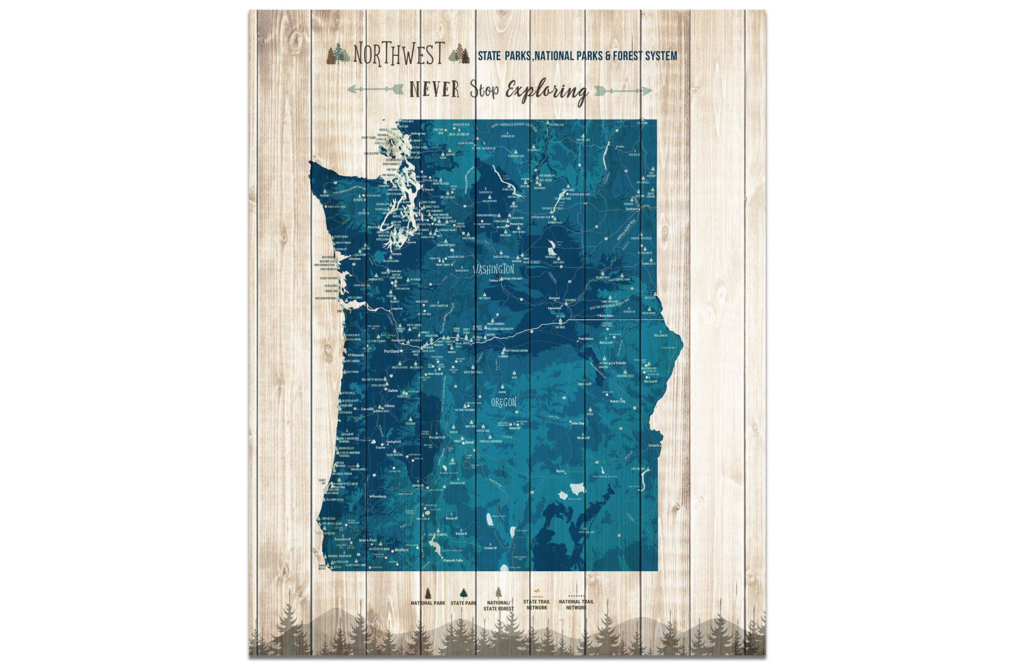 Northwest State Park Map, Washington and Oregon Poster Map World Vibe Studio 16X20 Navy-Blue 