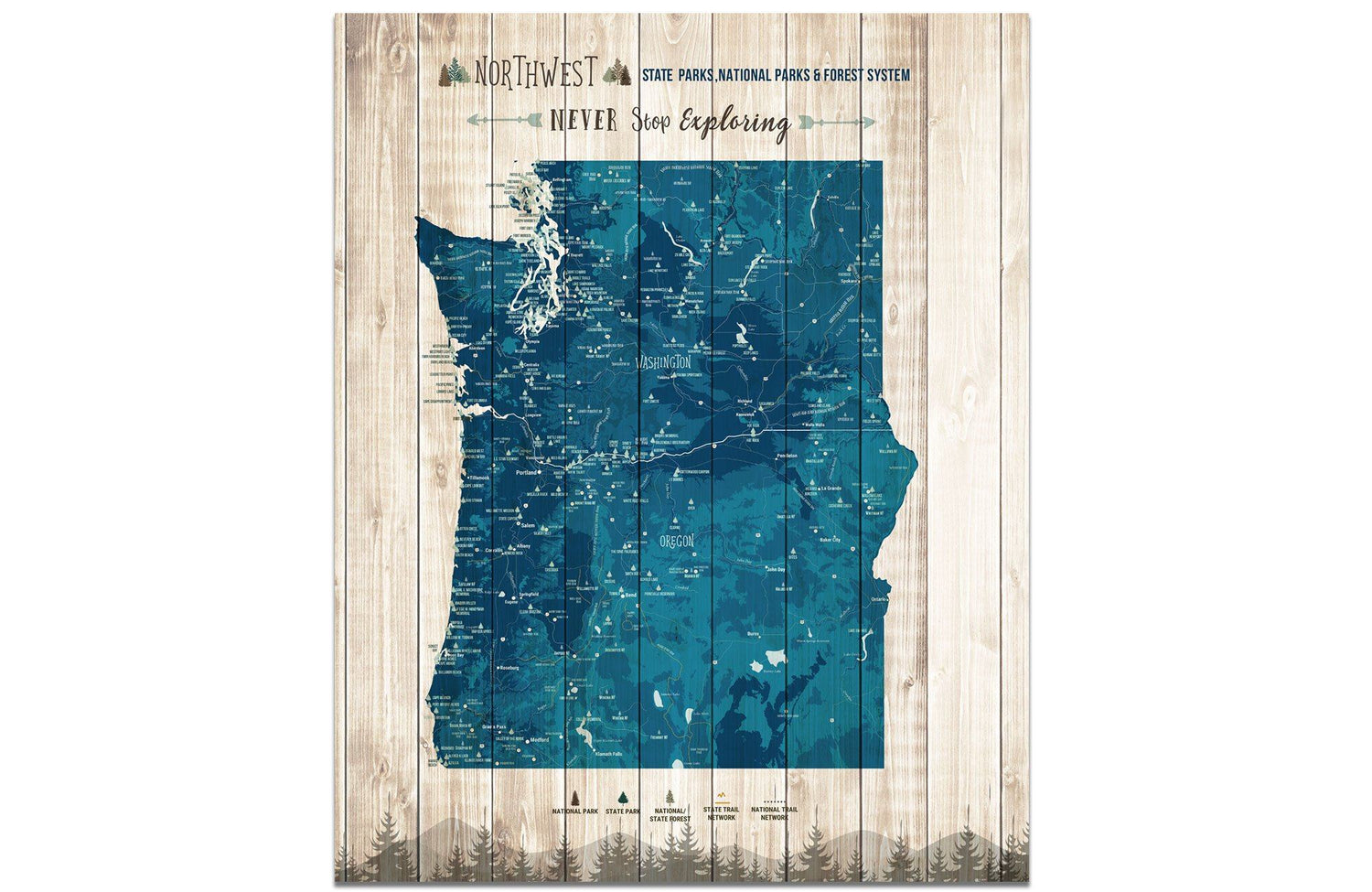 Northwest State Park Map, Washington and Oregon Poster Map World Vibe Studio 16X20 Navy-Blue 